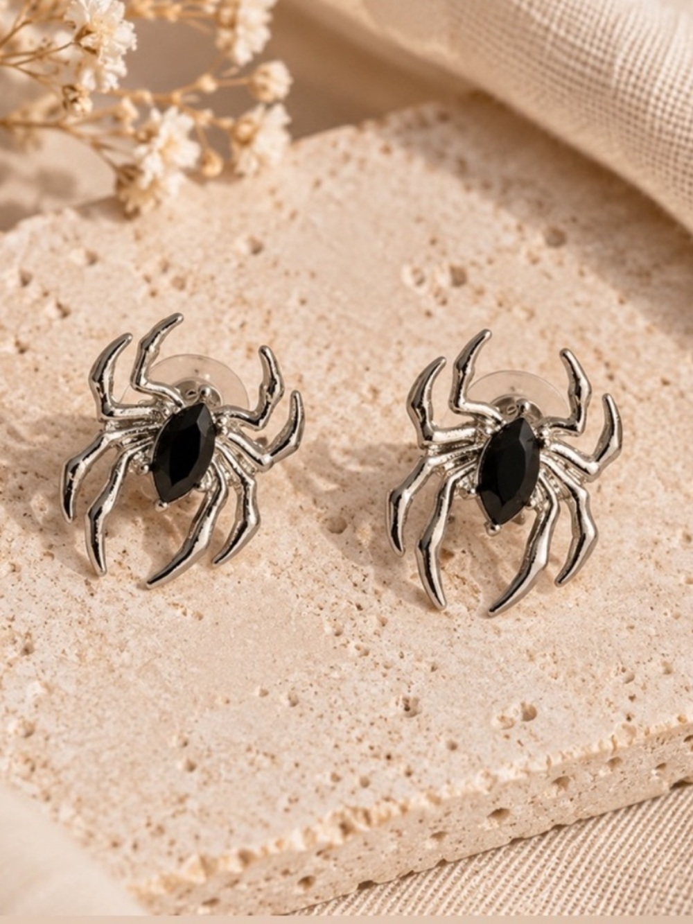 Anthropologie Silver Spider Stud Earrings with Black Stones